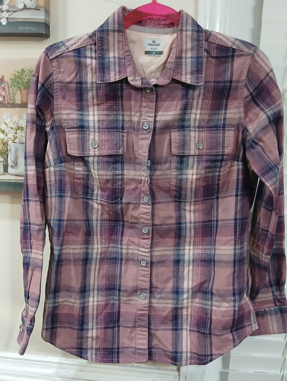 Ridgecut Women’s S Purple Blue Plaid Collared Long Sleeve Button-Up Pockets